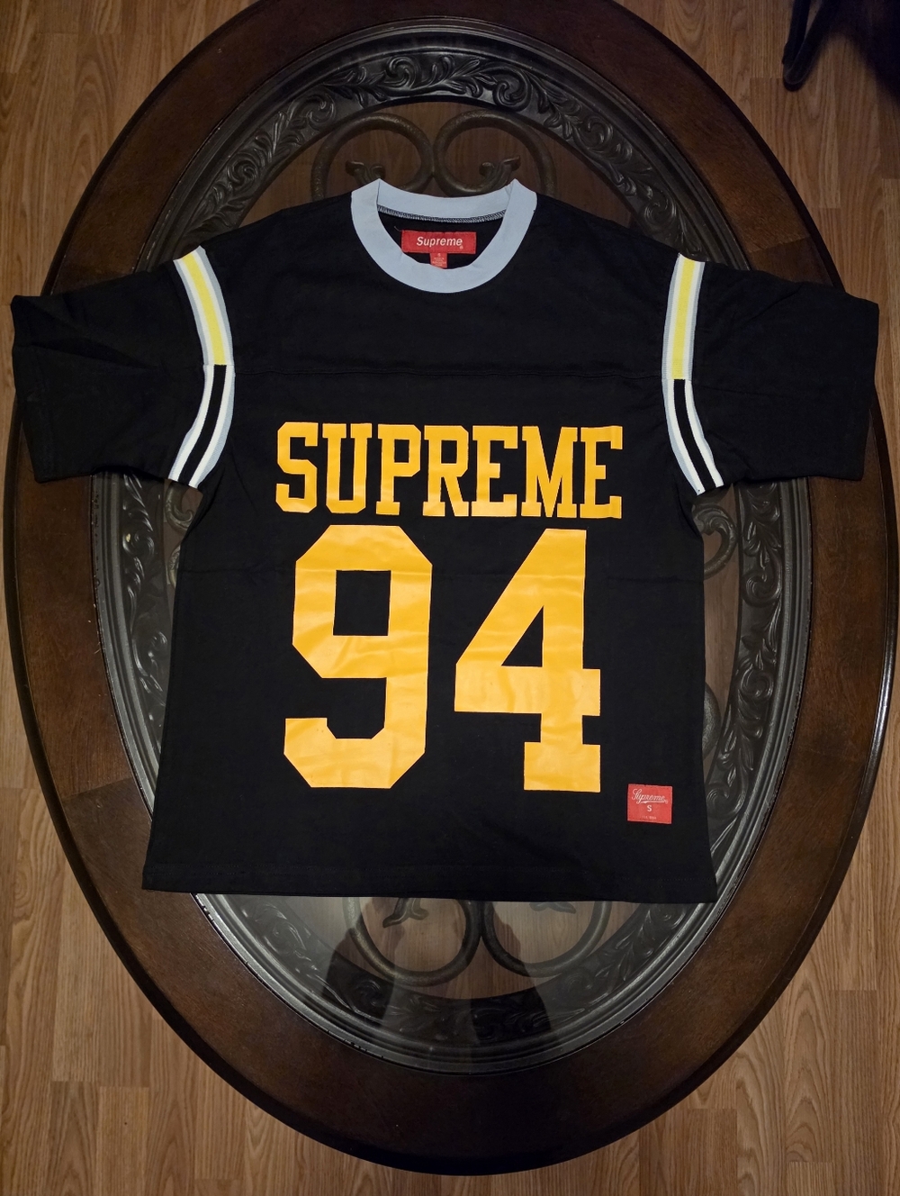 Supreme Black Football Jersey Shirt Yellow 94 Logo Striped Sleeves Size S